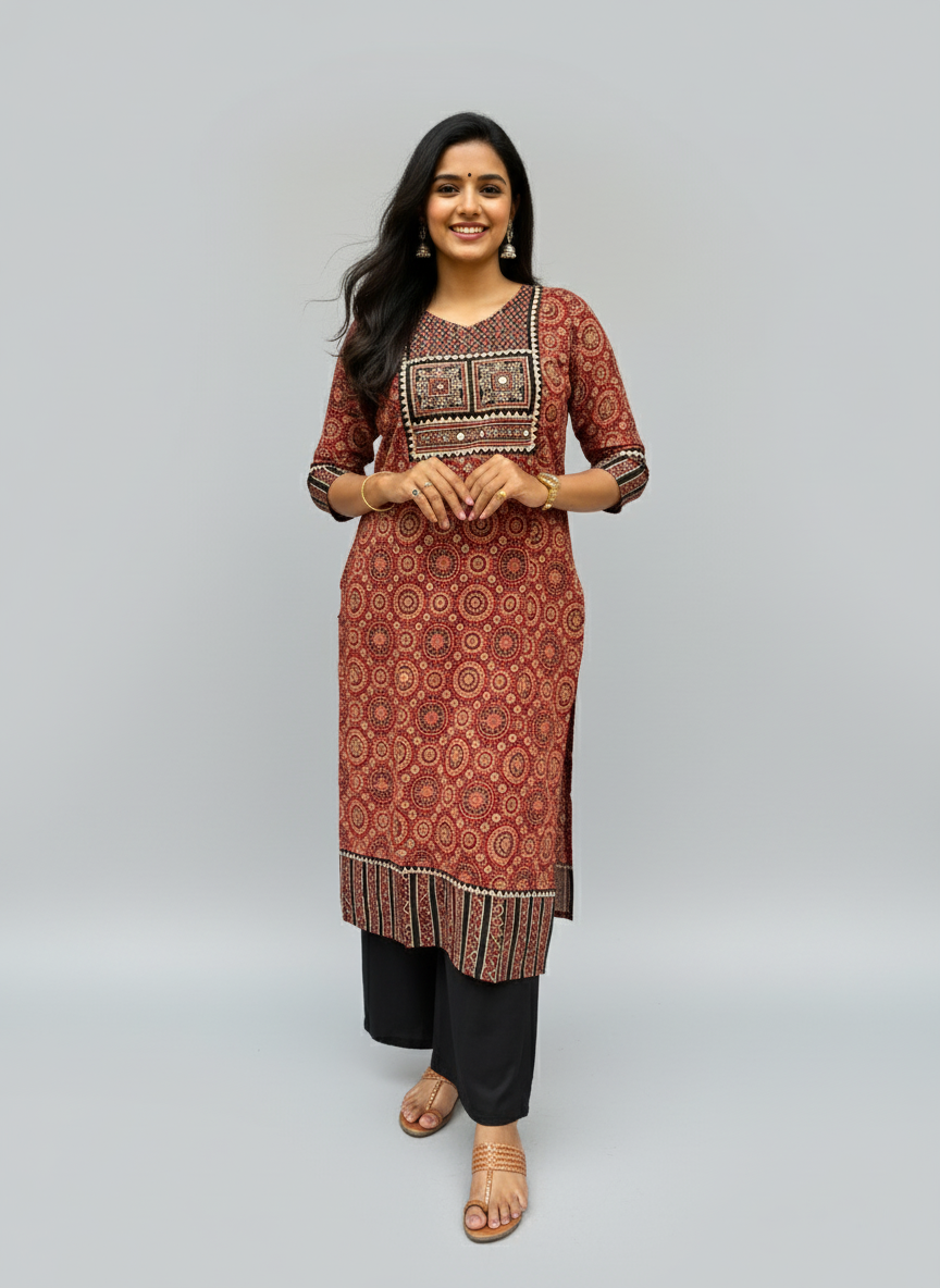 Rithika Maroon Ajrakh Cotton Straight Kurta