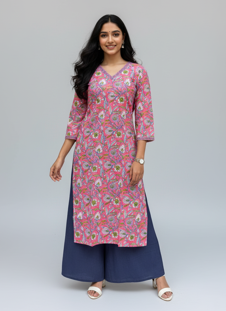 Ganga Pink Cotton Straight Kurta
