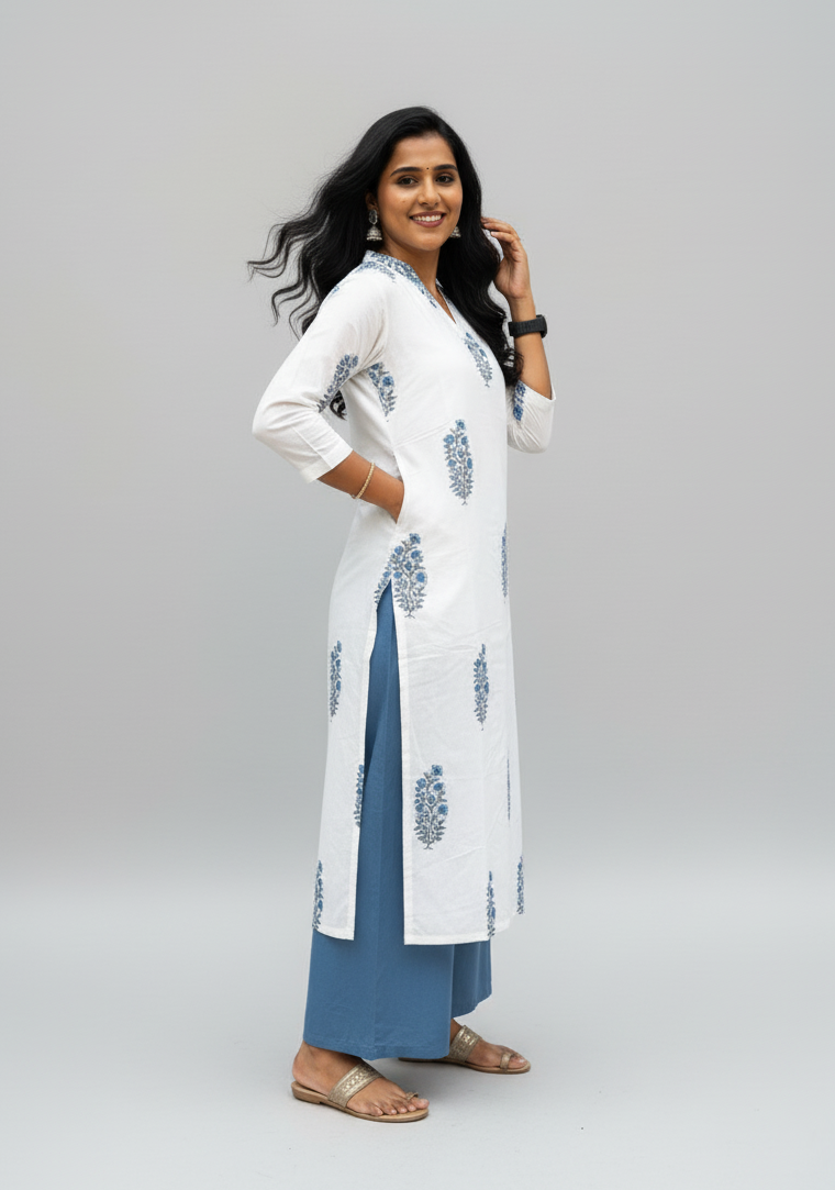 Mughal Handblock Blue Butta Cotton Straight Kurta