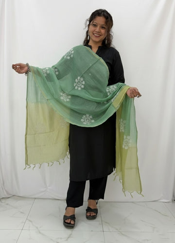 Lucknowi Chikankari Green Ombre Kota Silk Dupatta
