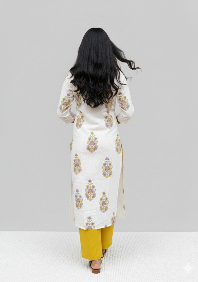 Mughal Handblock Yellow Butta Cotton Straight Kurta