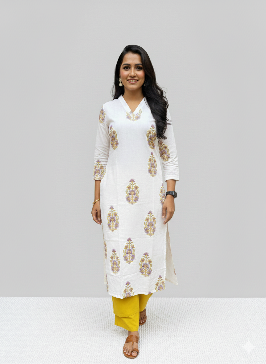 Mughal Handblock Yellow Butta Cotton Straight Kurta