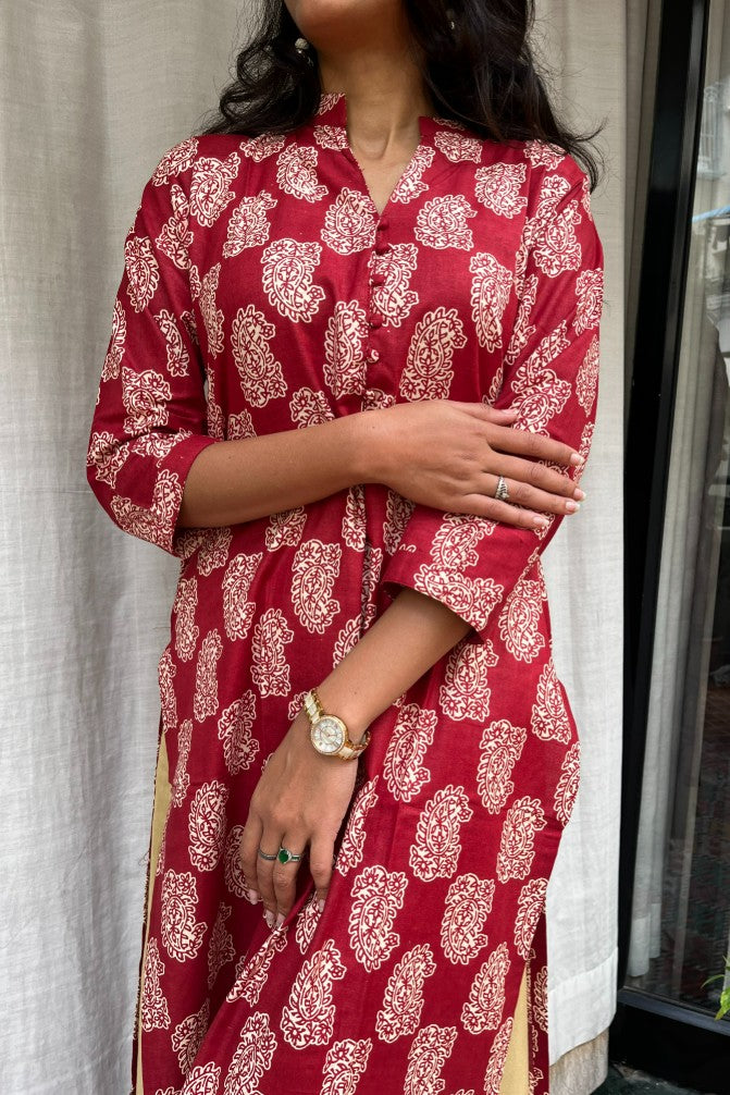 Rutvi Maroon Cotton Straight Kurta