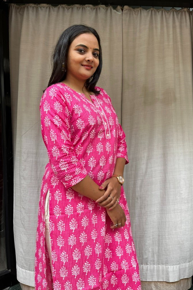 Radha Pink Cotton Straight Kurta