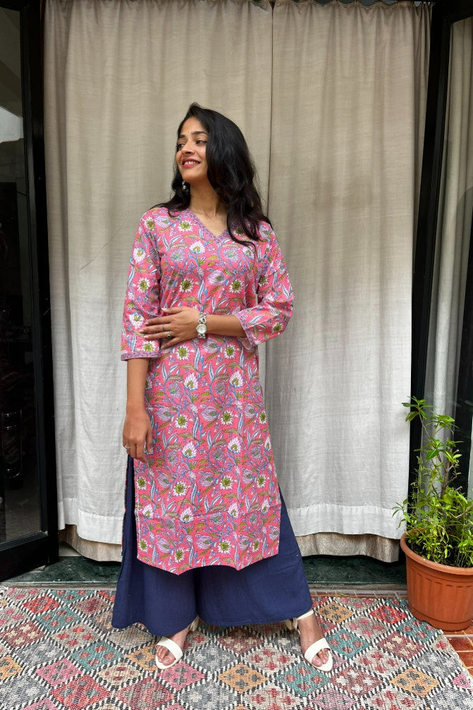 Ganga Pink Cotton Straight Kurta