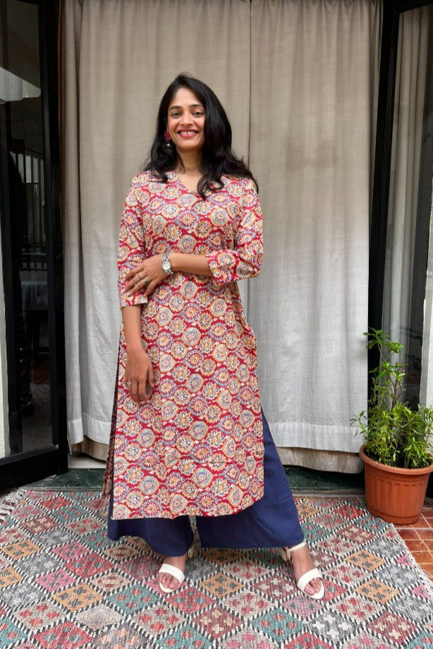 Radha Red Cotton Straight Kurta