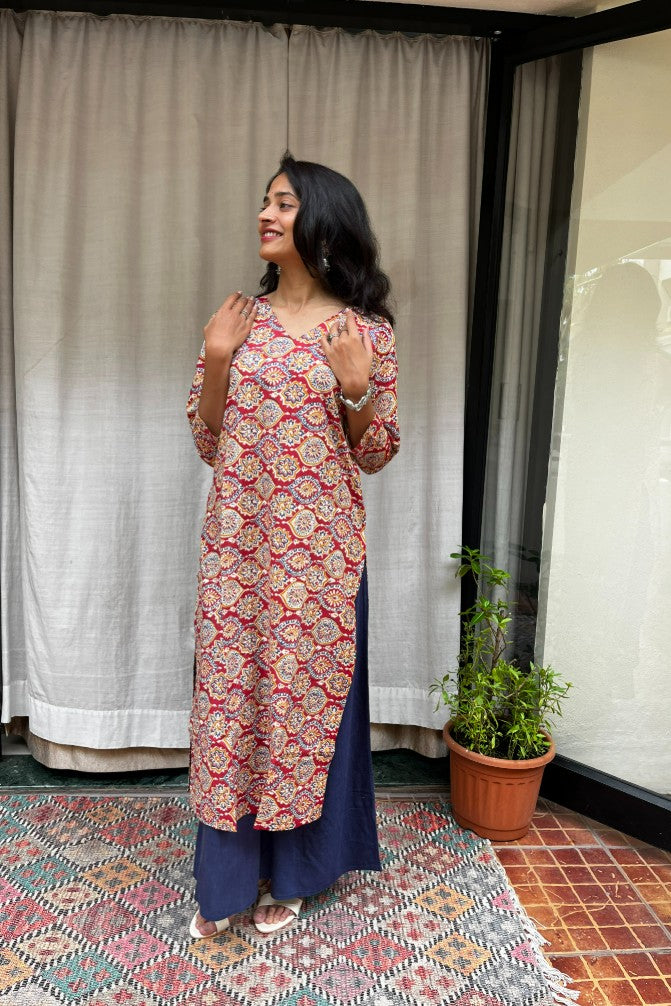 Radha Red Cotton Straight Kurta