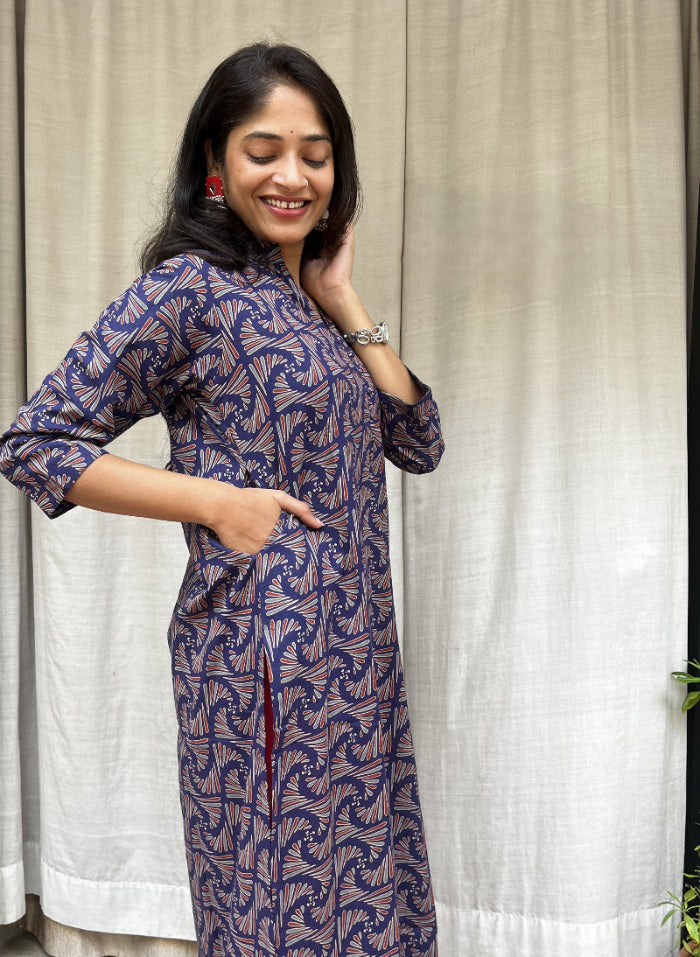 Rutvi Blue Cotton Straight Kurta
