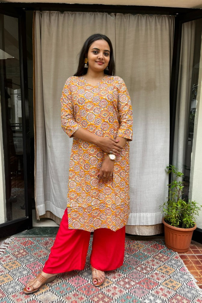 Ganga Yellow Cotton Straight Kurta