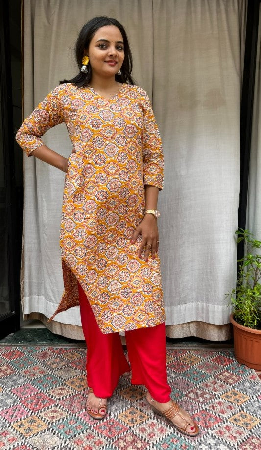 Ganga Yellow Cotton Straight Kurta