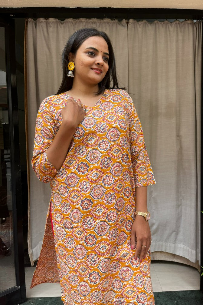 Ganga Yellow Cotton Straight Kurta