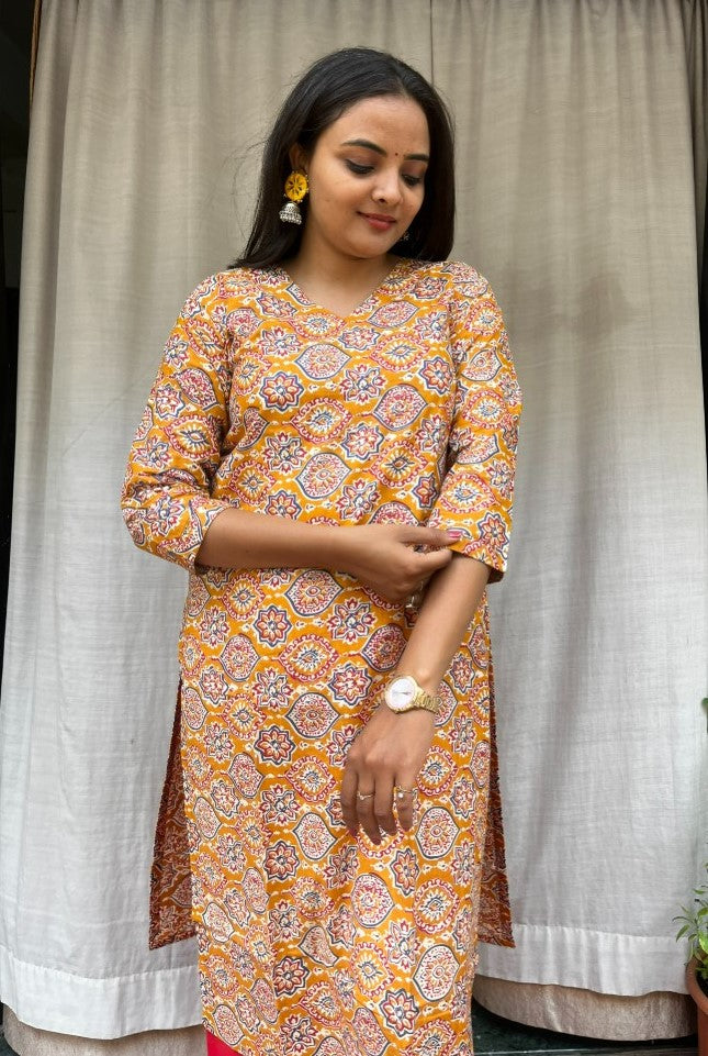 Ganga Yellow Cotton Straight Kurta