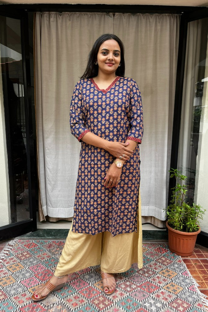 Ganga Blue Cotton Straight Kurta