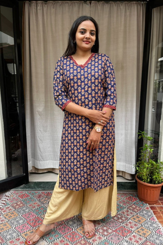 Ganga Blue Cotton Straight Kurta