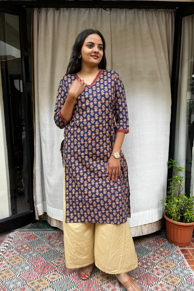 Ganga Blue Cotton Straight Kurta