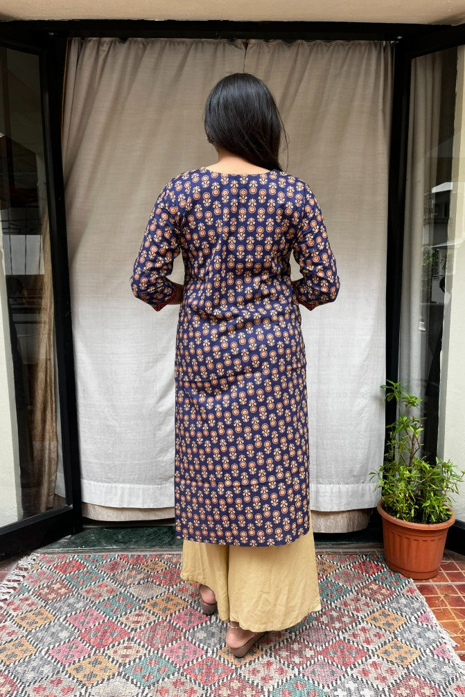 Ganga Blue Cotton Straight Kurta