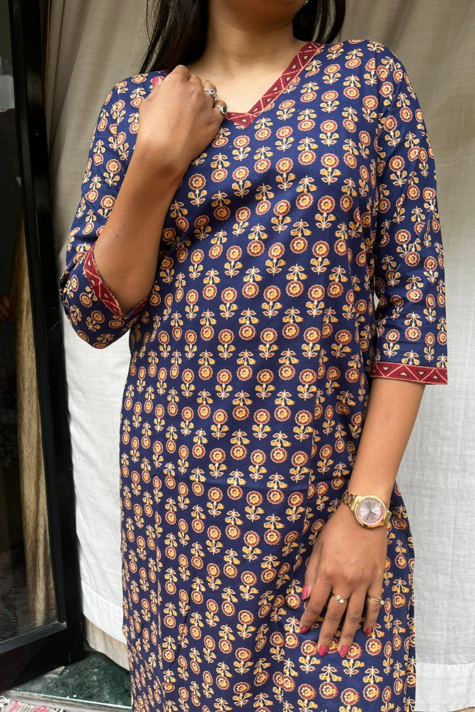 Ganga Blue Cotton Straight Kurta