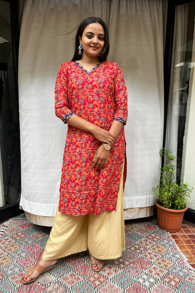 Ganga Red Cotton Straight Kurta