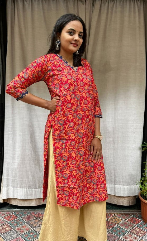 Ganga Red Cotton Straight Kurta