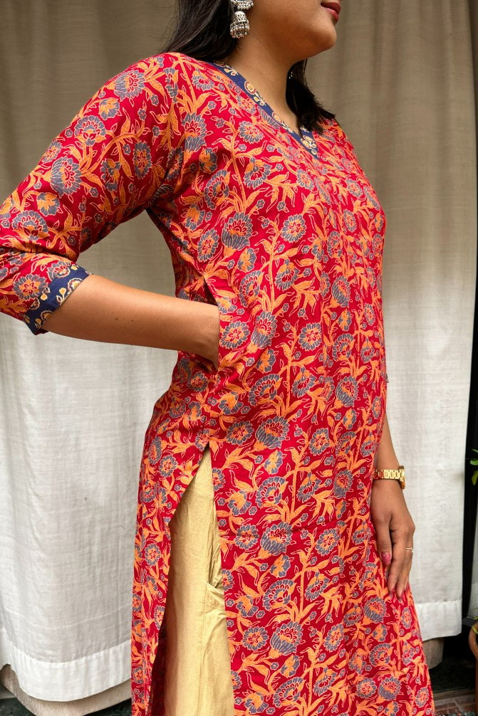 Ganga Red Cotton Straight Kurta