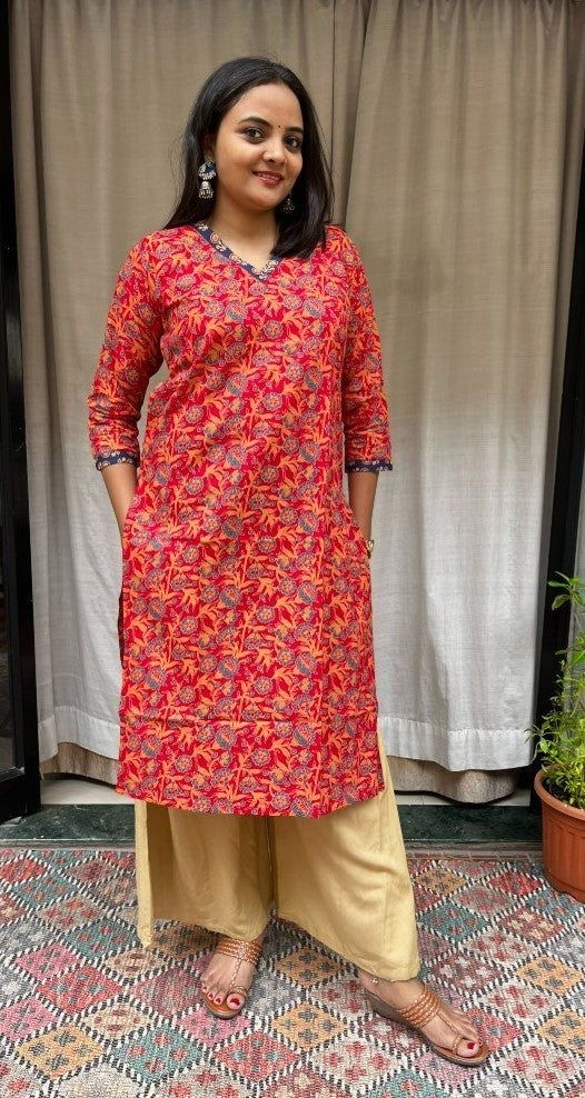 Ganga Red Cotton Straight Kurta