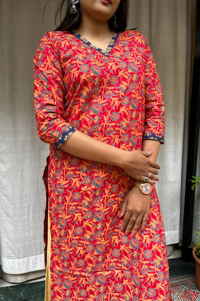 Ganga Red Cotton Straight Kurta