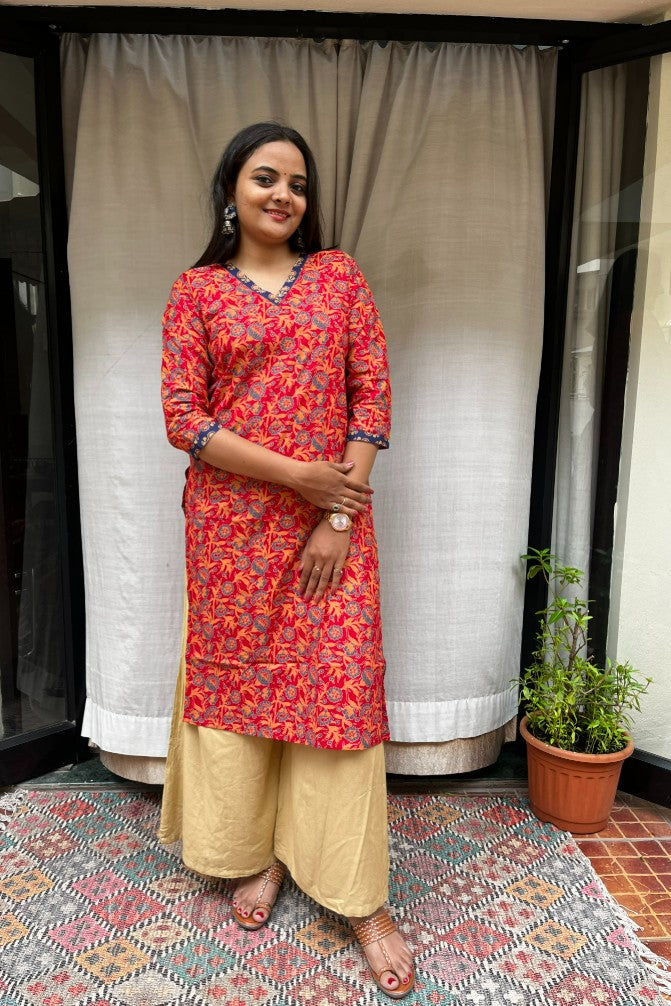 Ganga Red Cotton Straight Kurta