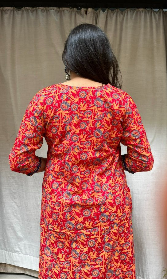 Ganga Red Cotton Straight Kurta