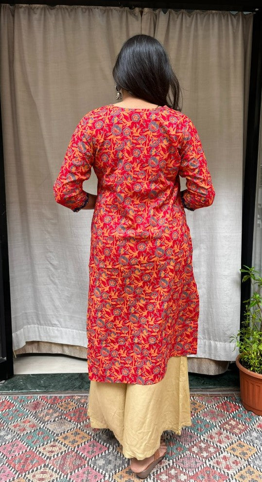 Ganga Red Cotton Straight Kurta