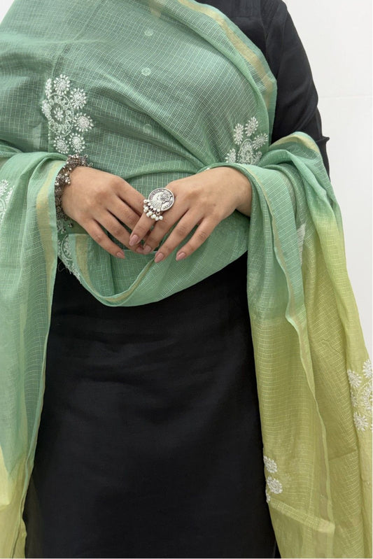 Lucknowi Chikankari Green Ombre Kota Silk Dupatta