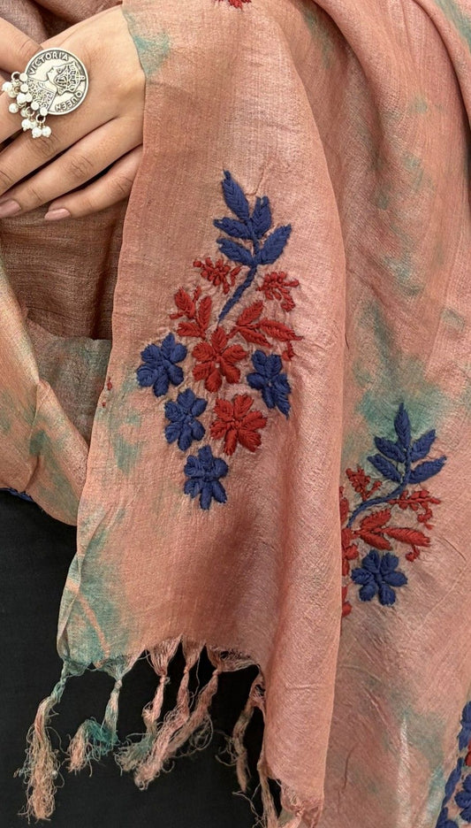 Lucknowi Chikankari Tie-Dye Brown Tussar Silk Dupatta
