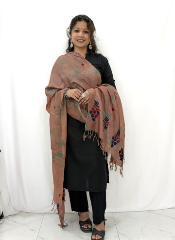Lucknowi Chikankari Tie-Dye Brown Tussar Silk Dupatta
