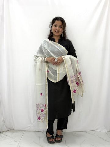 Kashmir Sozni Embroidery White and Pink Chanderi Silk Dupatta