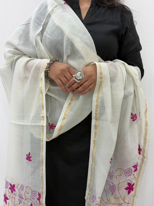 Kashmir Sozni Embroidery White and Pink Chanderi Silk Dupatta