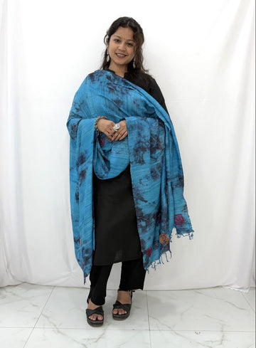 Lucknowi Chikankari Blue Tussar Silk Rose Motif Dupatta