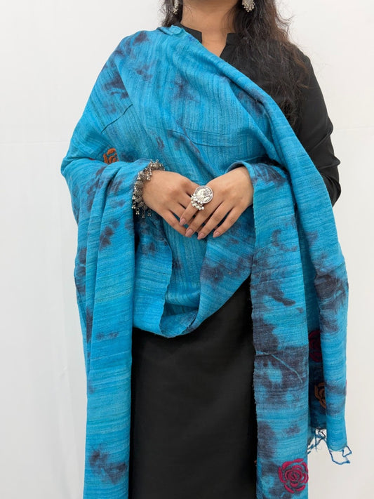 Lucknowi Chikankari Blue Tussar Silk Rose Motif Dupatta
