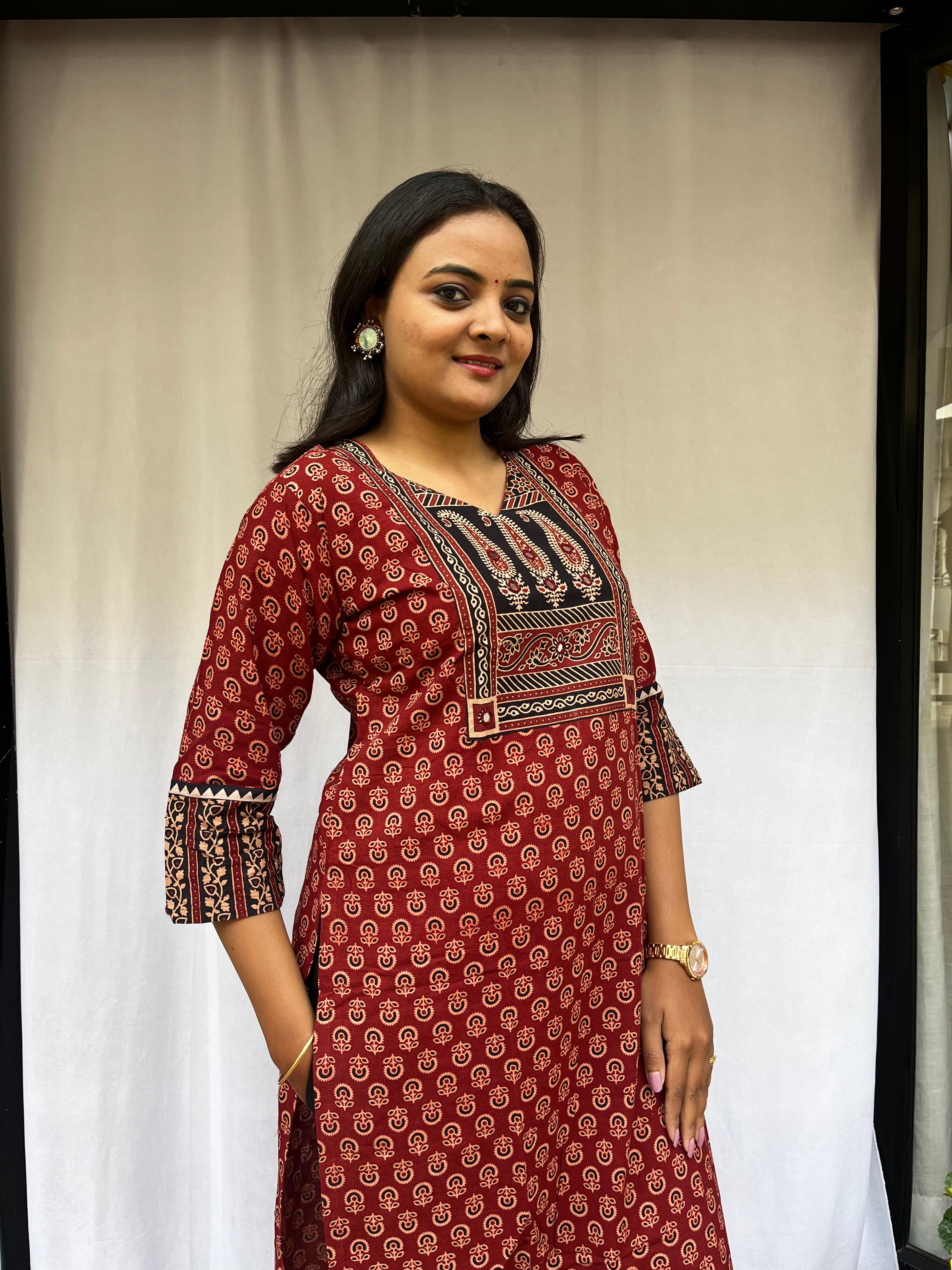 Shreya Maroon Ajrakh Cotton Straight Kurta