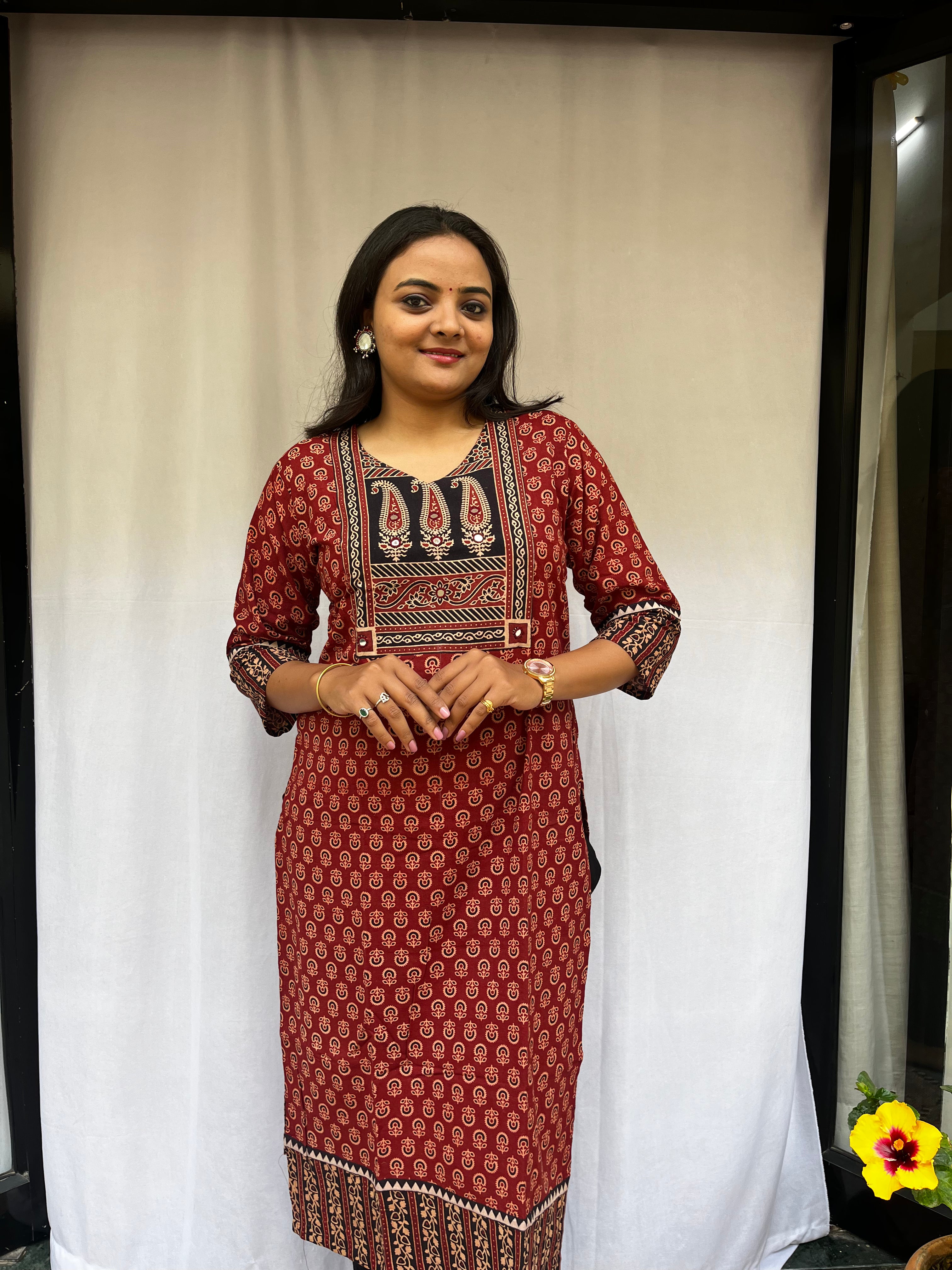 Shreya Maroon Ajrakh Cotton Straight Kurta