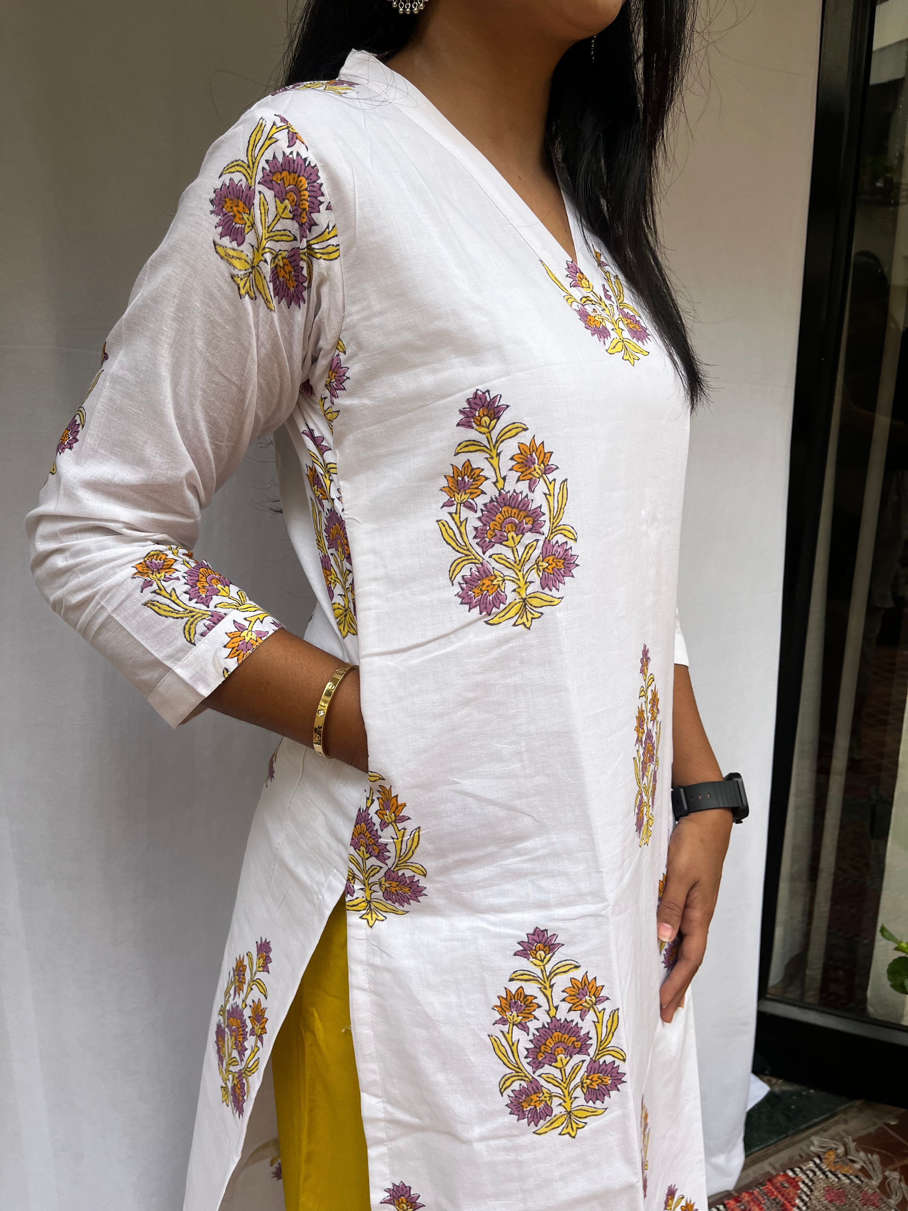 Mughal Handblock Yellow Butta Cotton Straight Kurta