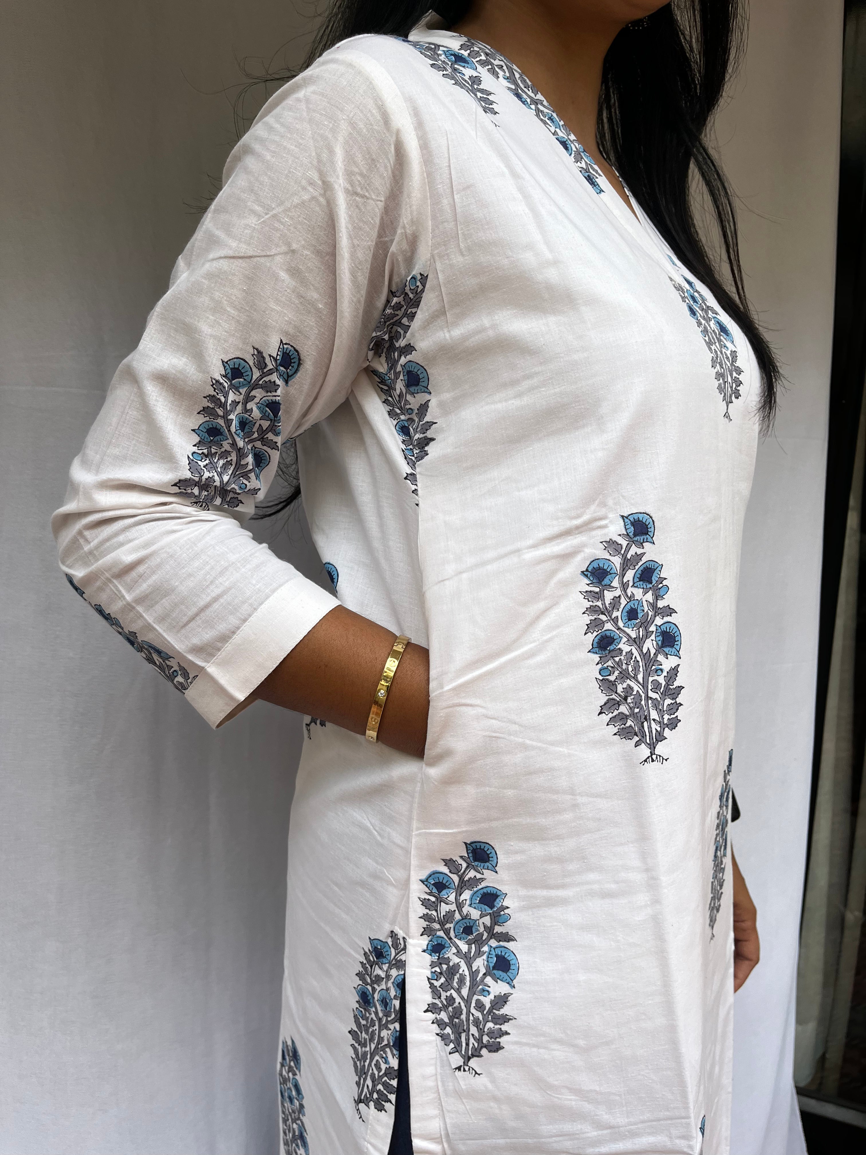 Mughal Handblock Blue Butta Cotton Straight Kurta