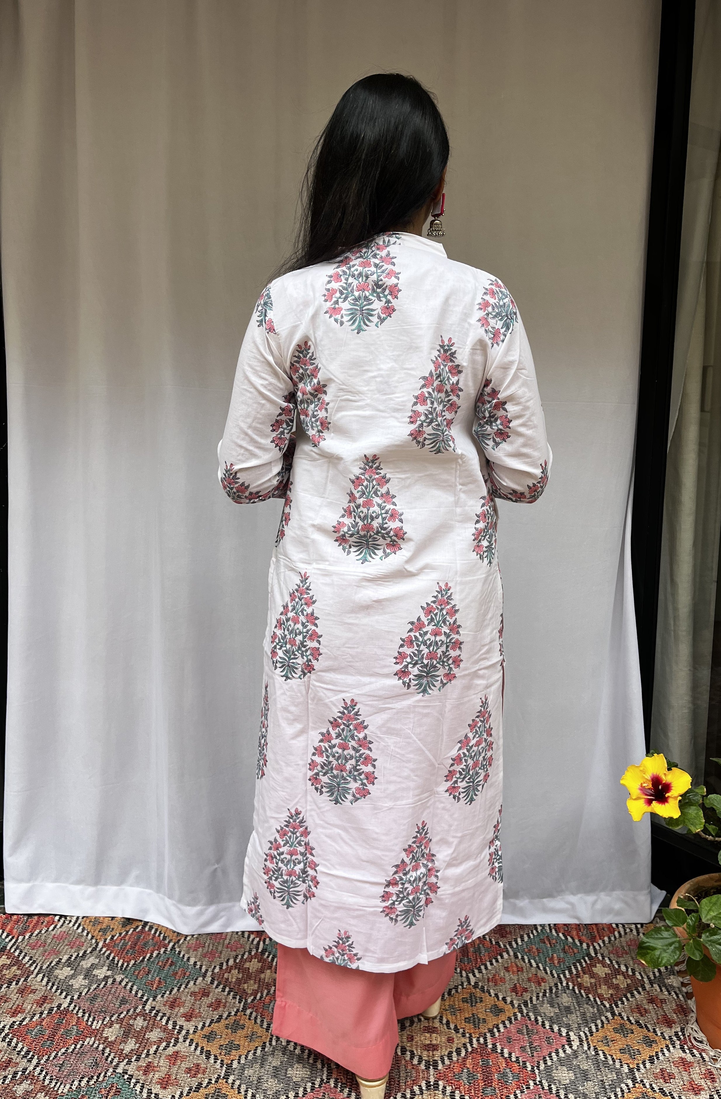 Mughal Handblock Pink Butta Cotton Straight Kurta