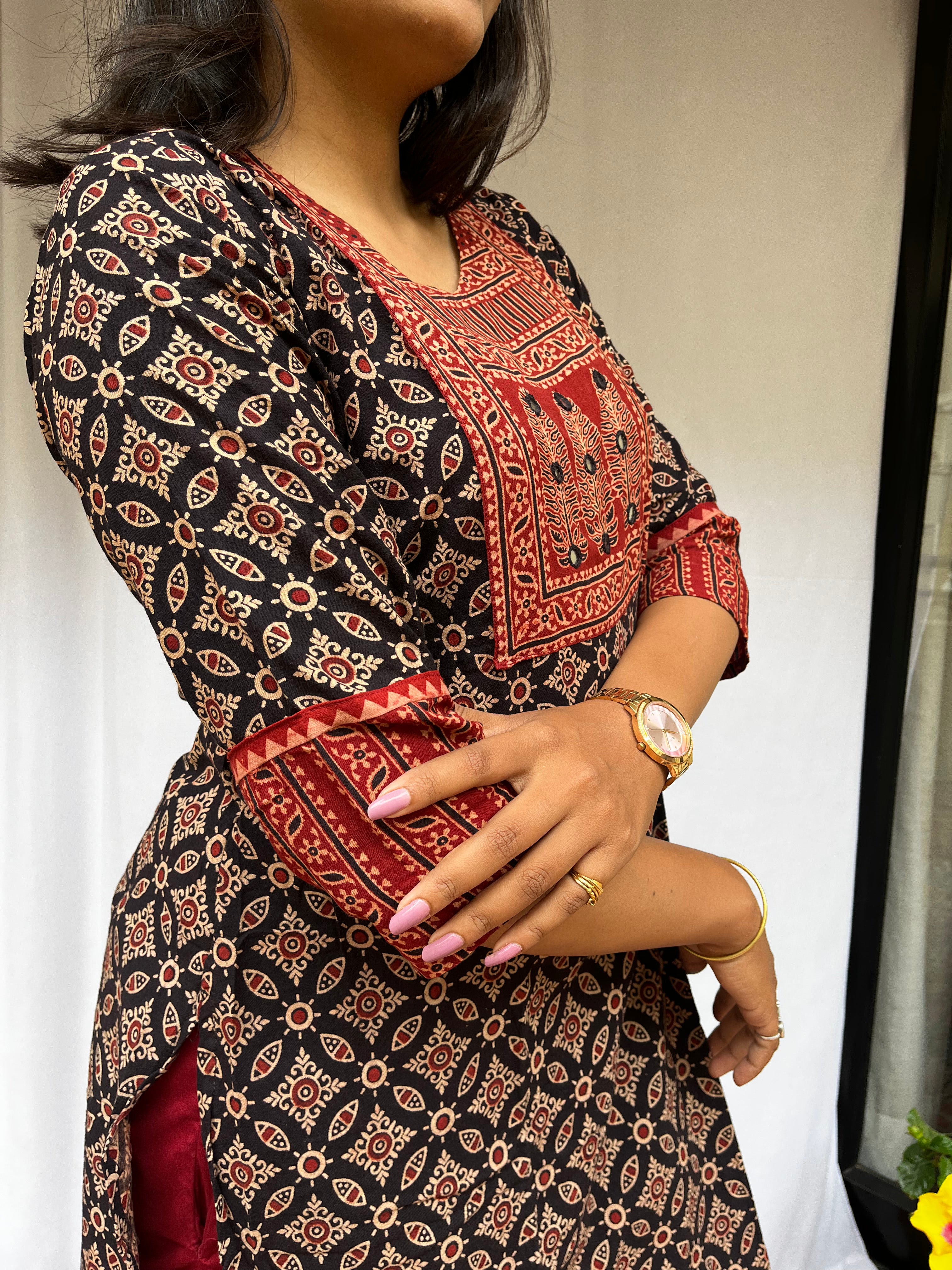 Rithika Black Ajrakh Cotton Straight Kurta
