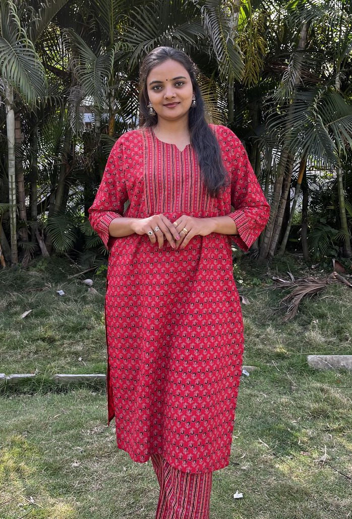 Geet Red Cotton Coord Set