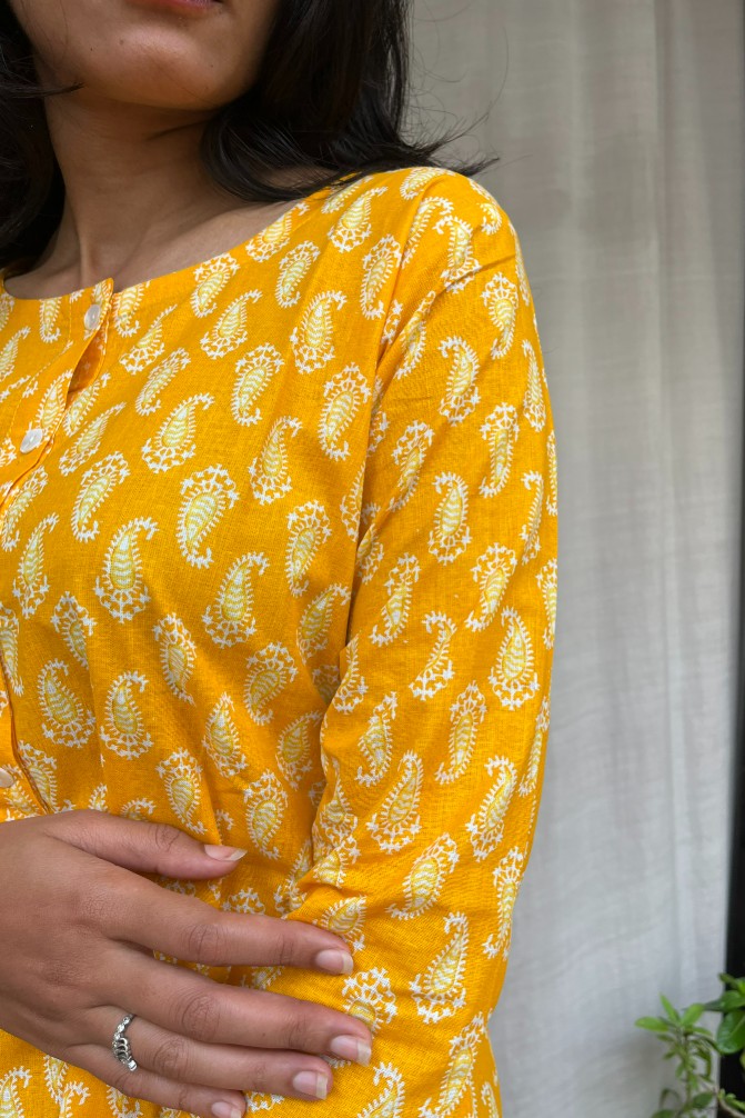 Uma Yellow Cotton Short Top Kurti. Hip covering for every day wear 