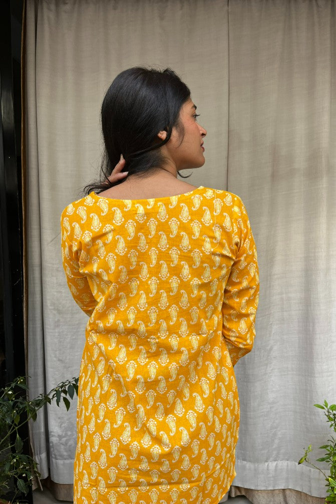 Uma Yellow Cotton Short Top Kurti. Hip covering for every day wear 