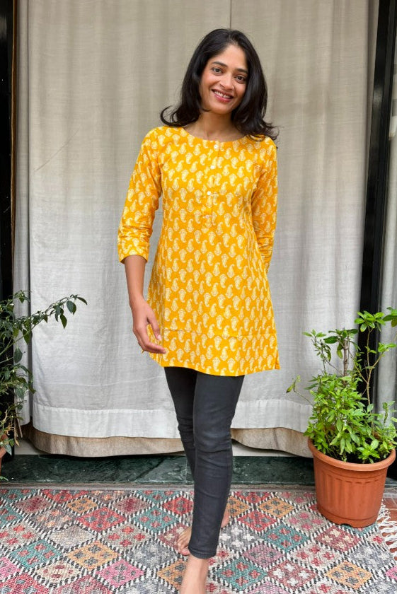 Uma Yellow Cotton Short Top Kurti. Hip covering for every day wear 