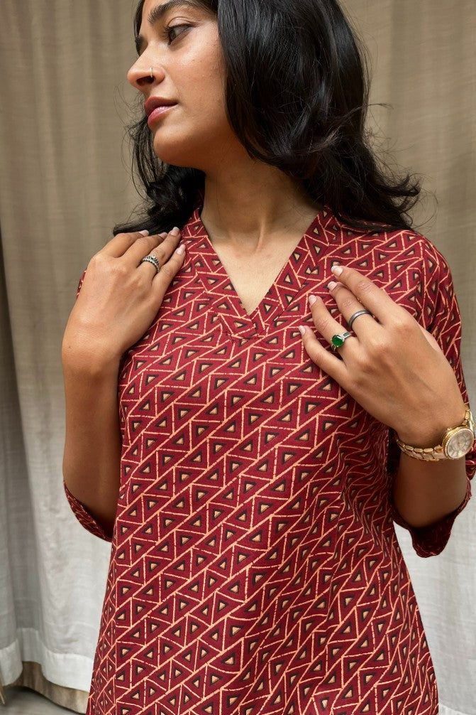Girija Red Cotton Short Top Kurti. Hip covering for every day wear 