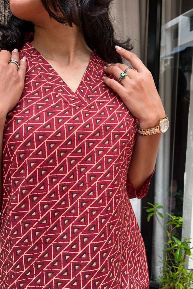 Girija Red Cotton Short Top Kurti. Hip covering for every day wear 