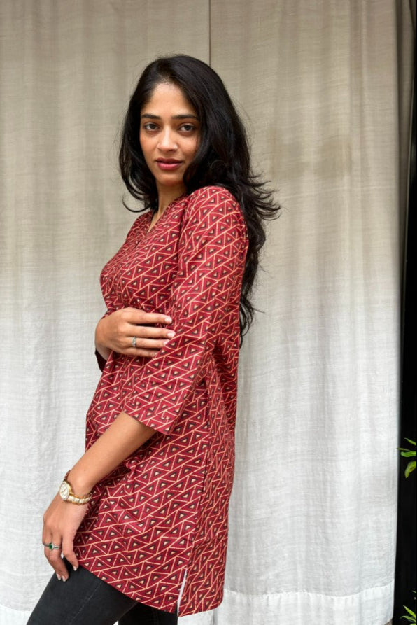 Girija Red Cotton Short Top Kurti. Hip covering for every day wear 