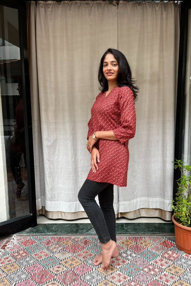Girija Red Cotton Short Top Kurti. Hip covering for every day wear 